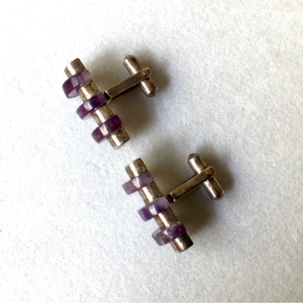 Modernist Sterling & Amethyst Cuff Links - Stamped M3 Sterling - C 15.6 Grams